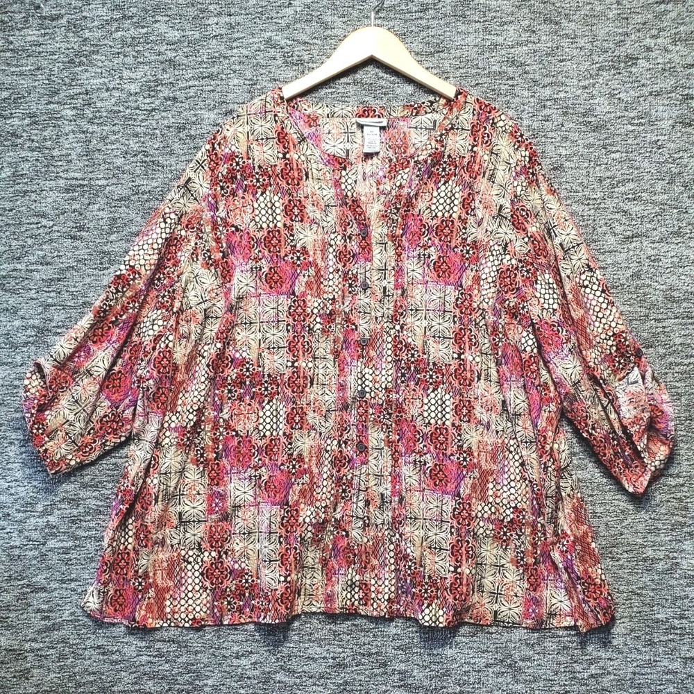 Catherines Blouse Womens 4X Coral Plum Tile Medallion Roll Tab Sleeve Artsy Boho